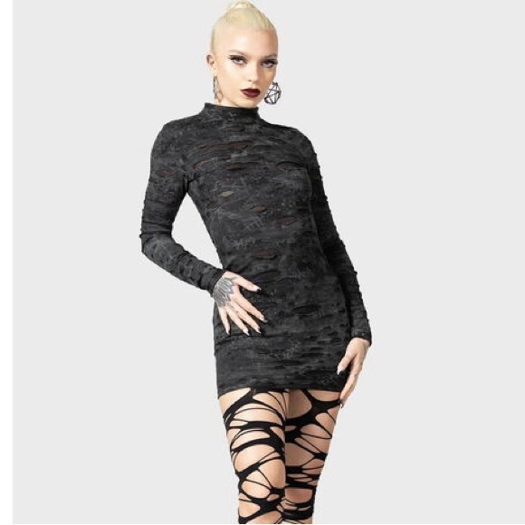 Killstar Dresses & Skirts - BNWT Killstar ‘Sinners Glimmer’ shredded long sleeve black dress